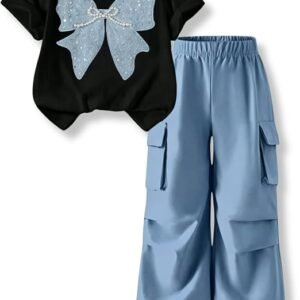 2 Piece Cute Butterfly Print T-Shirt Tops & Cargo Pants Spring Summer Outfits Teen Tween Girls 9-14Y