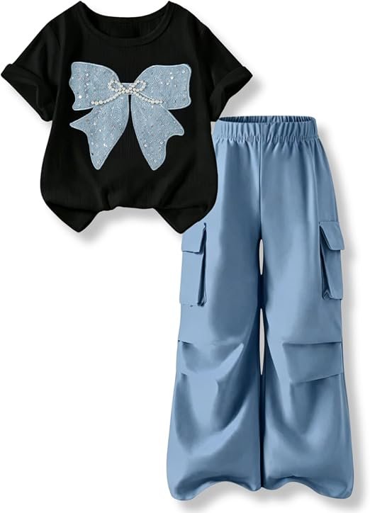 2 Piece Cute Butterfly Print T-Shirt Tops & Cargo Pants Spring Summer Outfits Teen Tween Girls 9-14Y