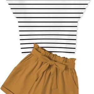 Girls 2 Piece Outfit Drop Shoulder Sleeve Tops Paperbag Shorts Set