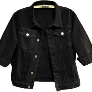 Women's 3/4 Sleeve Colored Cropped Denim Jacket Light Wash Short Jean Jacket Trucker Coat