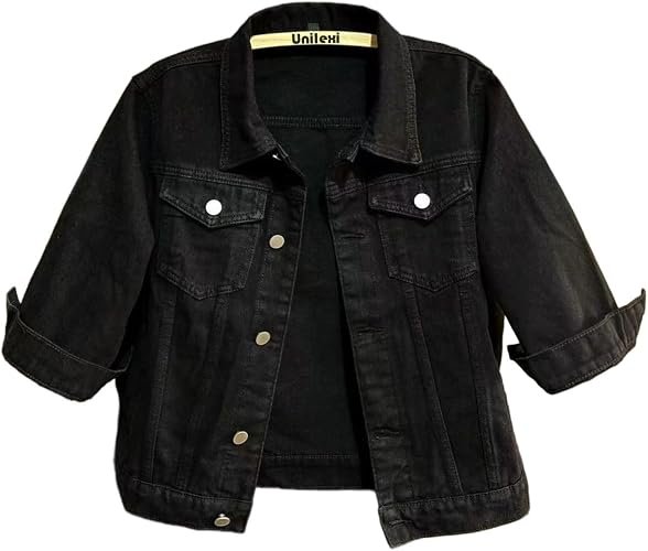 Women's 3/4 Sleeve Colored Cropped Denim Jacket Light Wash Short Jean Jacket Trucker Coat
