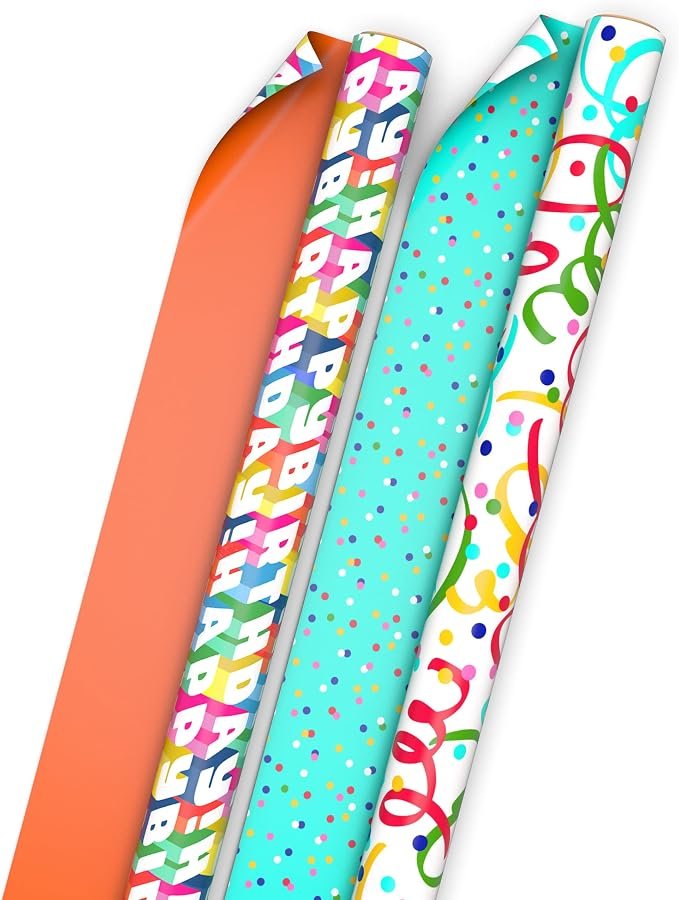 Reversible Birthday Wrapping Paper Rolls, 2-Rolls (Confetti, Dots)