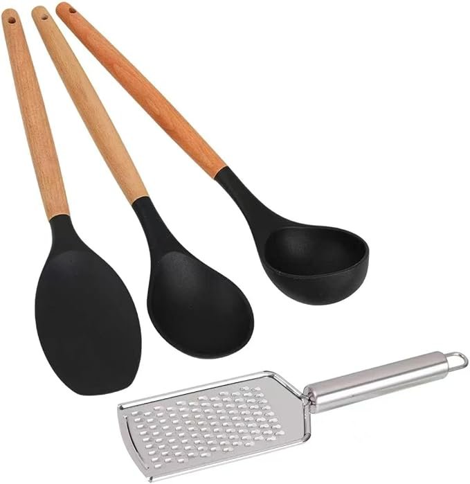 Set,3 Silicone Cooking Spoons,1 Grater, Kitchen Utensils,Black