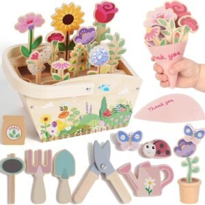 Wooden Pretend Play Toys for Kids, 22Pcs Flower Garden Playset