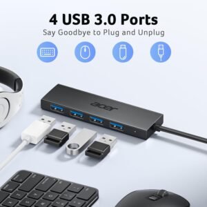 USB Hub 4 Ports, Multiple USB 3.0 Hub, USBA Splitter for Laptop/PC 2FT
