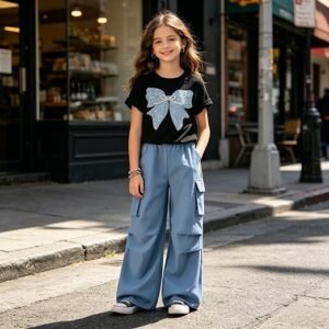 2 Piece Cute Butterfly Print T-Shirt Tops & Cargo Pants Spring Summer Outfits Teen Tween Girls 9-14Y