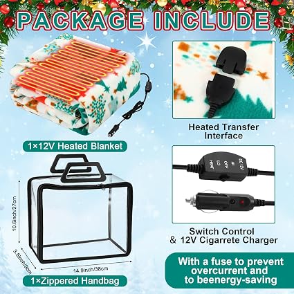 12v Heated Car Blanket Plug in, White Green, Xmas Tree - Image 2