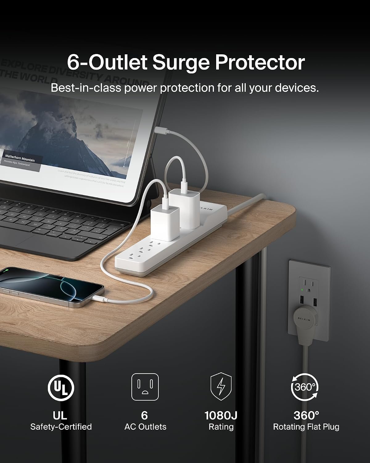 6-Outlet Surge Protector Power Strip, 6ft Cord - Image 2