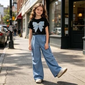 2 Piece Cute Butterfly Print T-Shirt Tops & Cargo Pants Spring Summer Outfits Teen Tween Girls 9-14Y
