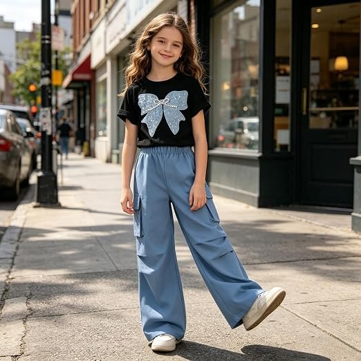 2 Piece Cute Butterfly Print T-Shirt Tops & Cargo Pants Spring Summer Outfits Teen Tween Girls 9-14Y - Image 4