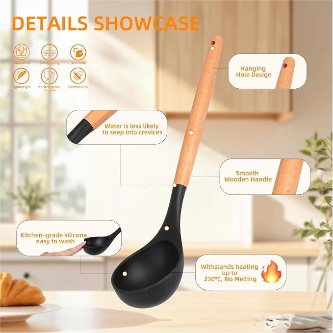 Set,3 Silicone Cooking Spoons,1 Grater, Kitchen Utensils,Black - Image 2