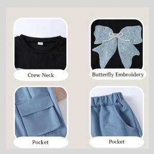 2 Piece Cute Butterfly Print T-Shirt Tops & Cargo Pants Spring Summer Outfits Teen Tween Girls 9-14Y