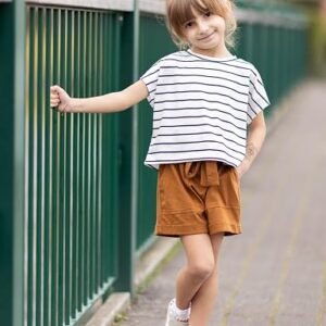 Girls 2 Piece Outfit Drop Shoulder Sleeve Tops Paperbag Shorts Set